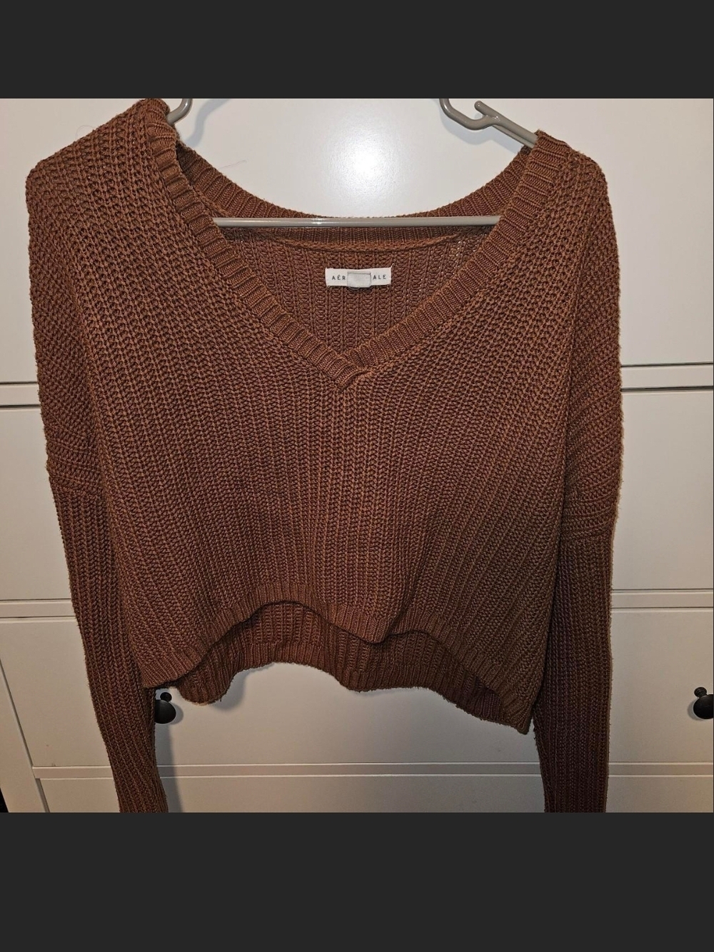 Aeropostale Cropped V-Neck Sweater — Brown
